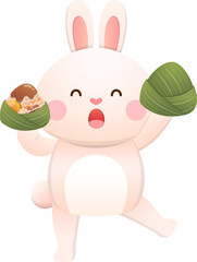 Cute rabbit and Chinese Dragon Boat Festival traditional food Zongzi, glutinous rice food wrapped in bamboo leaves