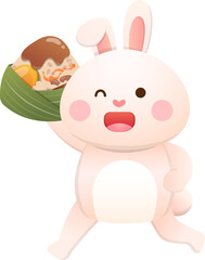 Cute rabbit and Chinese Dragon Boat Festival traditional food Zongzi, glutinous rice food wrapped in bamboo leaves