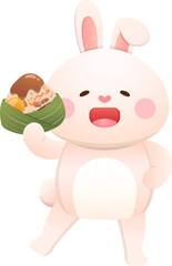 Cute rabbit and Chinese Dragon Boat Festival traditional food Zongzi, glutinous rice food wrapped in bamboo leaves