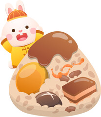 Cute rabbit and Chinese Dragon Boat Festival traditional food Zongzi, glutinous rice food wrapped in bamboo leaves