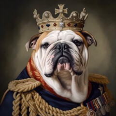 Royal Portrait of a british Bulldog waring a Crown, AI Generative - obrazy, fototapety, plakaty