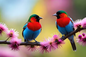 Obraz premium Moment of tenderness between a pair of birds,Two birds in love on a flowering branch (robins), Generative AI