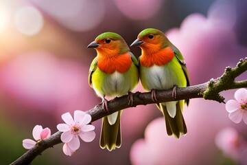 Moment of tenderness between a pair of birds,Two birds in love on a flowering branch (robins), Generative AI - obrazy, fototapety, plakaty
