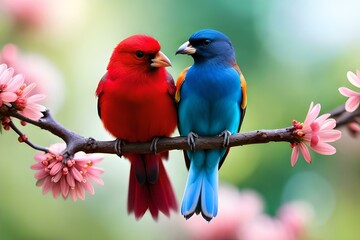 Fototapeta premium Moment of tenderness between a pair of birds,Two birds in love on a flowering branch (robins), Generative AI