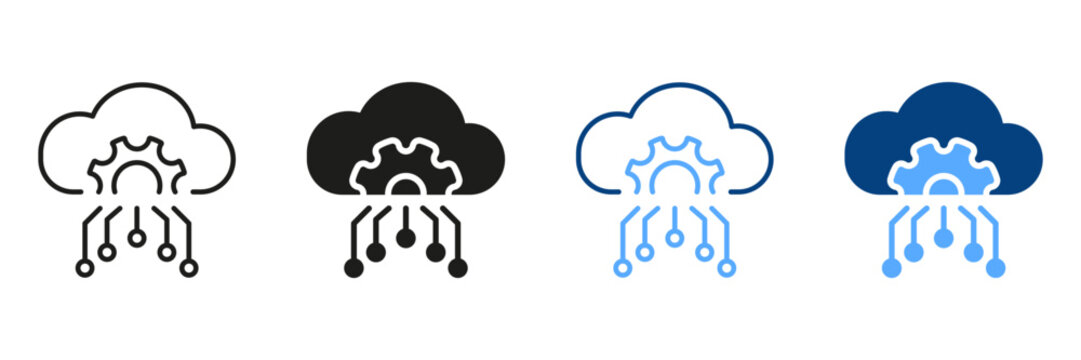 Cloud Server Setting Black and Color Pictogram. Digital Cloud with Gear, Configuration Symbol Collection. Cloud Computing Configuration Line and Silhouette Icon Set. Isolated Vector Illustration