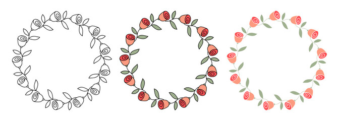 Clip art of three different hand drawn wreath of doodle roses on isolated background. Design for mothers day, springtime and summertime celebration, scrapbooking, wedding invitation, home decor.