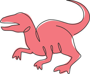 One continuous line drawing of aggressive predator velociraptor animal for logo identity. Raptor rex mascot concept for prehistoric museum icon. Single line draw design vector graphic illustration