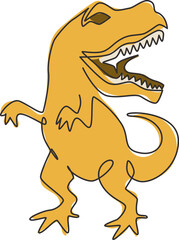 One single line drawing of wild and aggressive t-rex for logo identity. Dino animal mascot concept for prehistoric theme park icon. Trendy continuous line draw graphic design vector illustration