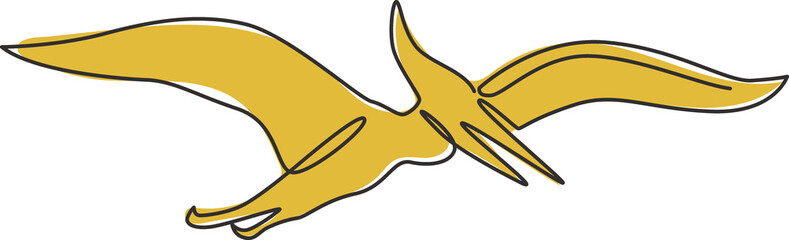 One single line drawing of flying pterodactyl for logo identity. Dino animal mascot concept for prehistoric theme park icon. Modern continuous line graphic draw design vector illustration © Simple Line