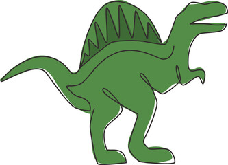 One single line drawing of wild spinosaurus for logo identity. Dino animal mascot concept for prehistoric theme park icon. Dynamic continuous line draw design graphic vector illustration