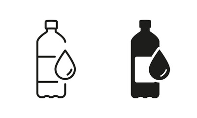 Water Bottle Silhouette and Line Icon Set. Plastic Bottle for Beverages, Mineral Water, Juice, Soda Black Sign. Recycle Bottle Symbol Collection. Isolated Vector Illustration