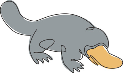 One continuous line drawing of cute platypus for logo identity. Australian mammal animal mascot concept for national conservation park icon. Modern single line graphic draw design vector illustration