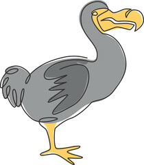 One continuous line drawing of cute funny dodo bird for logo identity. Extinct animal mascot concept for museum zoo icon. Trendy single line draw design graphic vector illustration © Simple Line