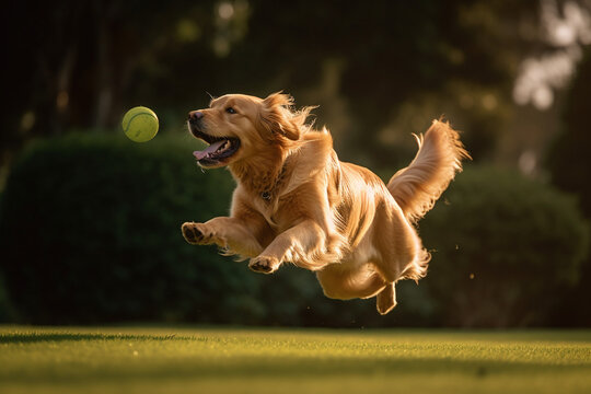 Golden retriever dog jumping happily in the air catching a ball - Generative AI