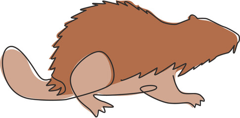 One single line drawing of funny beaver for logo identity. adorable funny rodent animal mascot concept for pet lover club icon. Trendy continuous line draw design vector graphic illustration