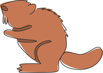 One continuous line drawing of cute standing beaver for logo identity. Funny adorable mammal animal mascot concept for national park icon. Modern single line draw design vector graphic illustration
