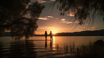 Romantic photo of a couple walking towards a lake at sunset - Generative AI
