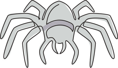 Single continuous line drawing of big wild spider for logo symbol identity. Cute pet animal concept for insect lover icon. Dynamic one line draw design vector graphic illustration