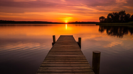 Obraz na płótnie Canvas Sunset scene of a dock leading towards glassy lake - Generative AI