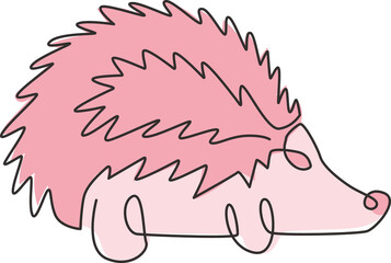 One single line drawing of adorable beauty tiny hedgehog for logo identity. Cute prickly rodent concept for national conservation park icon. Continuous line draw design graphic vector illustration