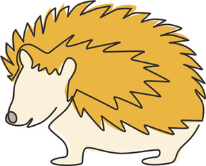 One continuous line drawing of cute little hedgehog for logo identity. Adorable mini spiky rodent animal concept for national zoo icon. Trendy single line draw design graphic vector illustration