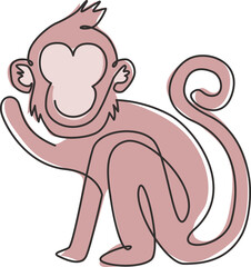 Single continuous line drawing of cute walking monkey for national zoo logo identity. Adorable primate animal mascot concept for circus show icon. One line draw design vector graphic illustration