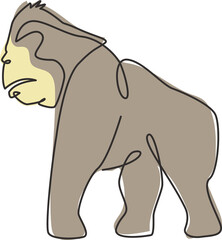 One continuous line drawing of gorilla for national park logo identity. Primate animal portrait mascot concept for conservation forest icon. Dynamic single line draw graphic design vector illustration