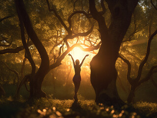 Beatiful and calm woman exercising her yoga poses in the forest, the golden sun shing through the branches - Generative AI