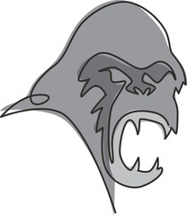 Single continuous line drawing of gorilla head for national zoo logo identity. Ape primate animal portrait mascot concept for e-sport team club icon. One line draw graphic design vector illustration