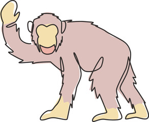 Single continuous line drawing of cute jumping chimpanzee for national zoo logo identity. Adorable primate animal mascot concept for circus show icon. One line graphic draw design vector illustration