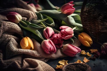Obraz na płótnie Canvas Spring flowers, daffodils and bouquets: tulips, daffodils, crocuses and daffodils. - Generative AI