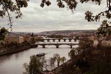 Aerial view of the Letensky gardens with a cloudy sky in the background, Prague, Czech Republic