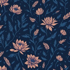 Fototapeta premium Seamless pattern with flowers on a dark blue background created by generative ai