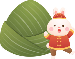 Obraz na płótnie Canvas Cute rabbit and Chinese Dragon Boat Festival traditional food Zongzi, glutinous rice food wrapped in bamboo leaves