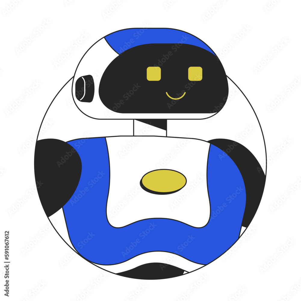 Poster friendly humanoid robot assistant linear flat color vector character avatar. editable icon. half bod