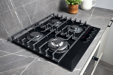 Contemporary black tempered glass gas stove hob with wok burner with auto ignition knob cast iron...