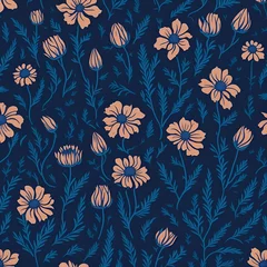 Fototapeten Seamless pattern with flowers on a dark blue background created by generative ai © IKHSAN