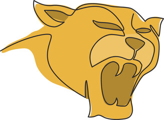 One continuous line drawing of wild leopard head for multinational company logo identity. Strong panther mammal animal mascot concept for national safari zoo. Single line draw design illustration