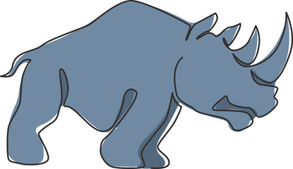 Single continuous line drawing of big African rhinoceros for conservation national park logo identity. Rhino animal mascot concept for national zoo safari. One line draw design vector illustration