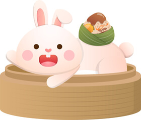 Cute rabbit and Chinese Dragon Boat Festival traditional food Zongzi, glutinous rice food wrapped in bamboo leaves