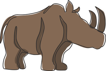 One single line drawing of strong rhinoceros for conservation national park logo identity. Big African rhino animal mascot concept for national zoo safari. Continuous line draw design illustration