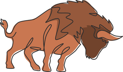 One single line drawing of healthy organic american bison for livestock cattle logo identity. Big buffalo mascot concept for canned meat food. Modern one line draw design vector graphic illustration