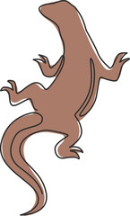 One single line drawing of strong komodo dragon for company logo identity. Dangerous predator animal mascot concept for reptilian zoo. Trendy continuous line draw design illustration vector graphic