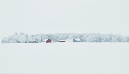 Panoramic view of rural houses in a field covered with snow in winter