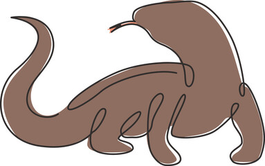 One continuous line drawing of dangerous komodo dragon for company logo identity. Wild protected reptile animal mascot concept for conservation national park. Single line draw design illustration
