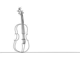 Violin one line art. Continuous line drawing of musical, melody, violin, vintage, music, retro, symphonic, orchestra, playing, instrument, fiddle, viola, symphony, cello, musician, string. © sahs94