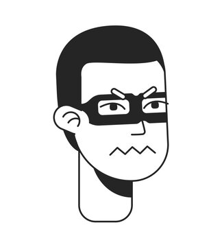 Annoyed male lawbreaker monochromatic flat vector character head. Black and white avatar icon. Editable cartoon user portrait. Simple lineart ink spot illustration for web graphic design and animation