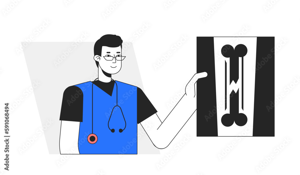 Poster internal medicine physician with broken bone x ray flat line concept vector spot illustration. 2d ca