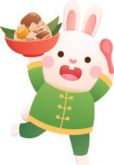 Cute rabbit and Chinese Dragon Boat Festival traditional food Zongzi, glutinous rice food wrapped in bamboo leaves