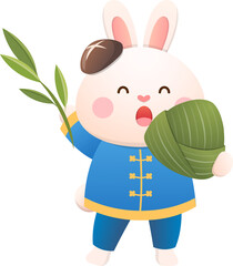 Cute rabbit and Chinese Dragon Boat Festival traditional food Zongzi, glutinous rice food wrapped in bamboo leaves